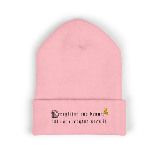 Embroidered 'Everything Has Beauty' Cuffed Beanie — Minimal Floral Quote Knit Hat