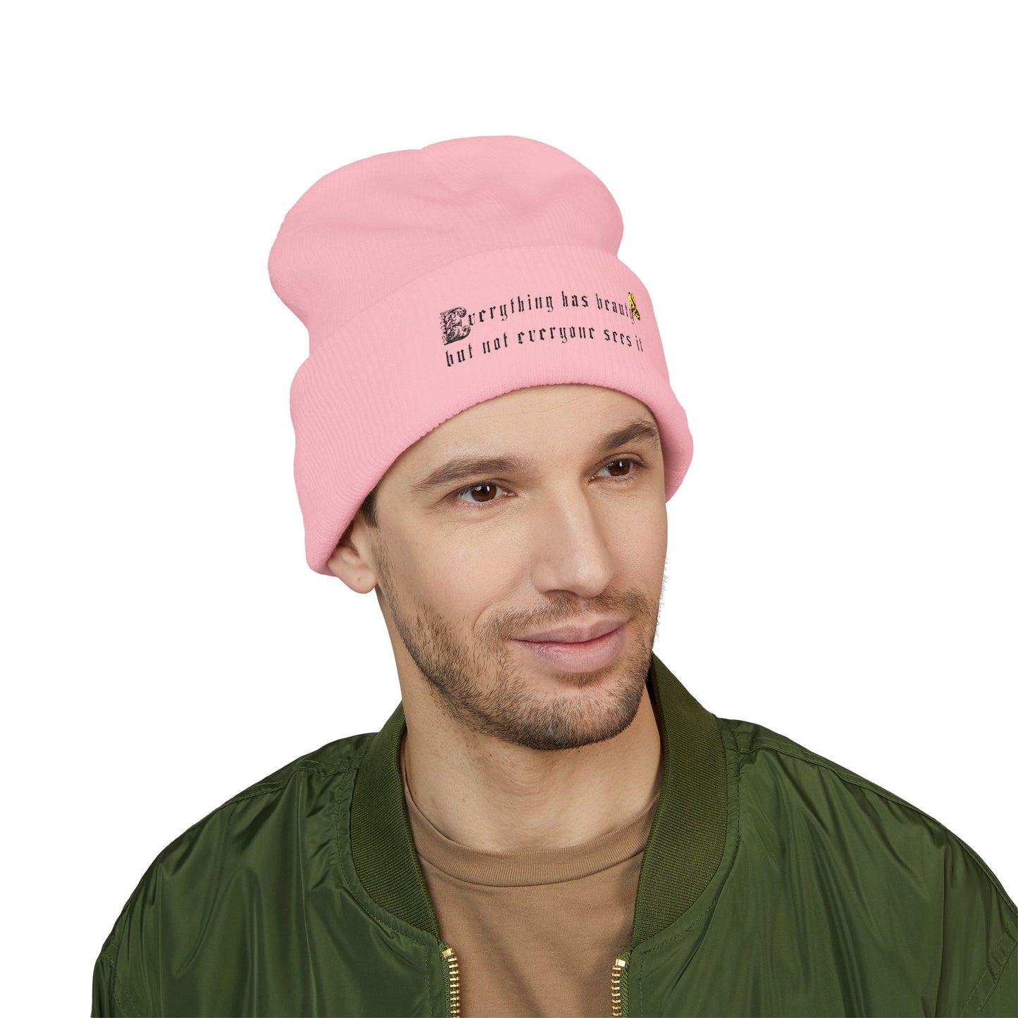Embroidered 'Everything Has Beauty' Cuffed Beanie — Minimal Floral Quote Knit Hat