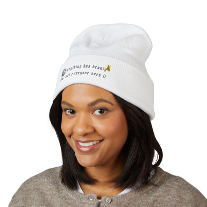 Embroidered 'Everything Has Beauty' Cuffed Beanie — Minimal Floral Quote Knit Hat