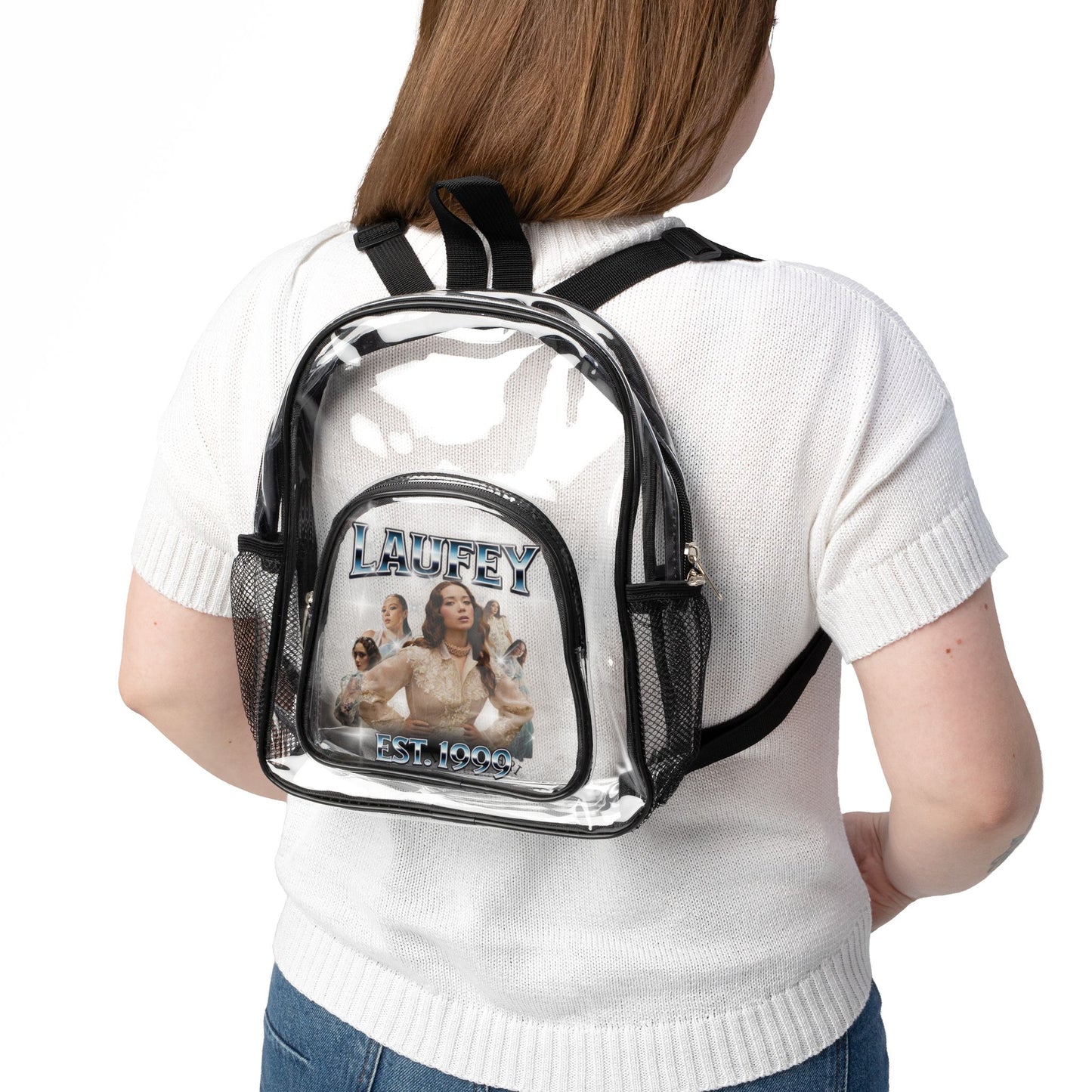 Laufey Clear Stadium Backpack with Front Graphic Pouch — Transparent Security-Approved School & Event Bag