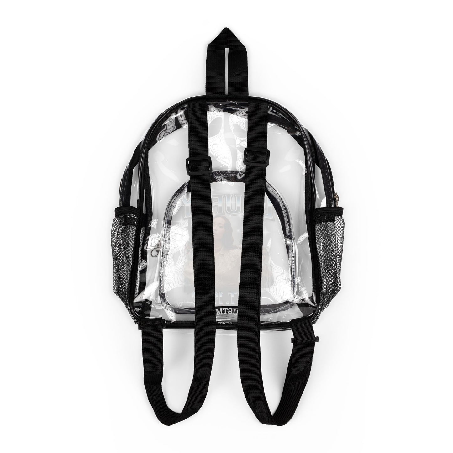 Laufey Clear Stadium Backpack with Front Graphic Pouch — Transparent Security-Approved School & Event Bag