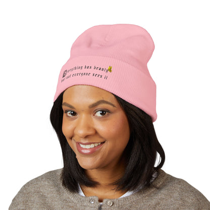 Embroidered 'Everything Has Beauty' Cuffed Beanie — Minimal Floral Quote Knit Hat