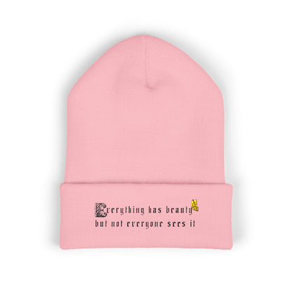 Embroidered 'Everything Has Beauty' Cuffed Beanie — Minimal Floral Quote Knit Hat