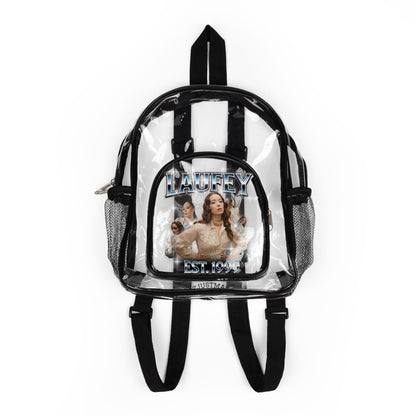 Laufey Clear Stadium Backpack with Front Graphic Pouch — Transparent Security-Approved School & Event Bag