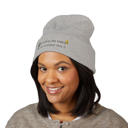 Embroidered 'Everything Has Beauty' Cuffed Beanie — Minimal Floral Quote Knit Hat
