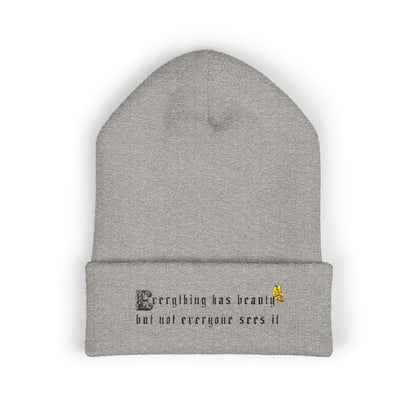 Embroidered 'Everything Has Beauty' Cuffed Beanie — Minimal Floral Quote Knit Hat