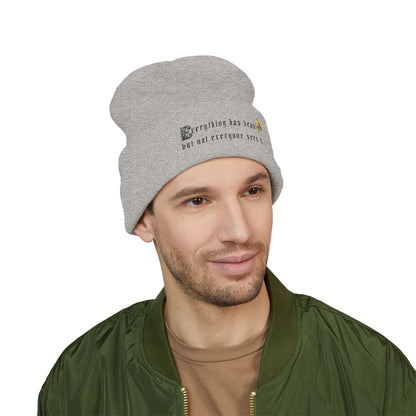 Embroidered 'Everything Has Beauty' Cuffed Beanie — Minimal Floral Quote Knit Hat