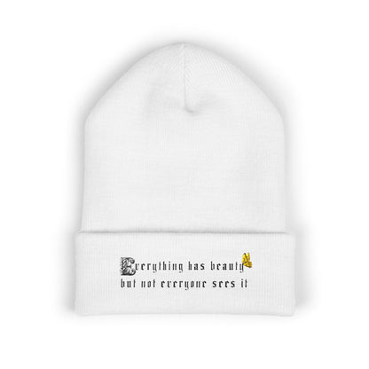 Embroidered 'Everything Has Beauty' Cuffed Beanie — Minimal Floral Quote Knit Hat