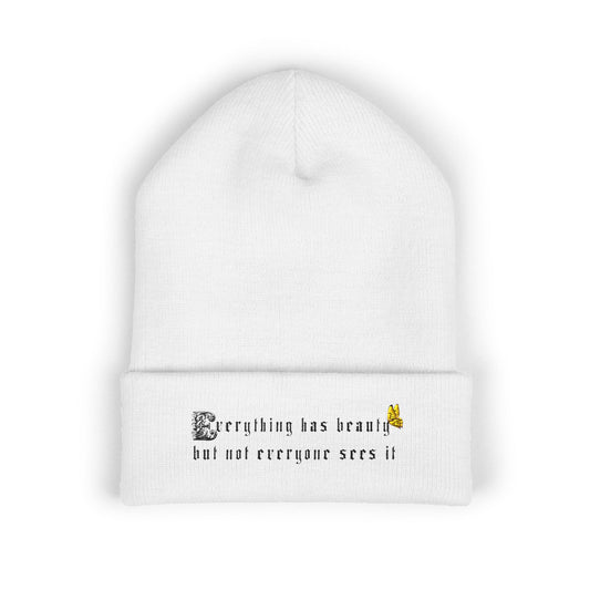 Embroidered 'Everything Has Beauty' Cuffed Beanie — Minimal Floral Quote Knit Hat