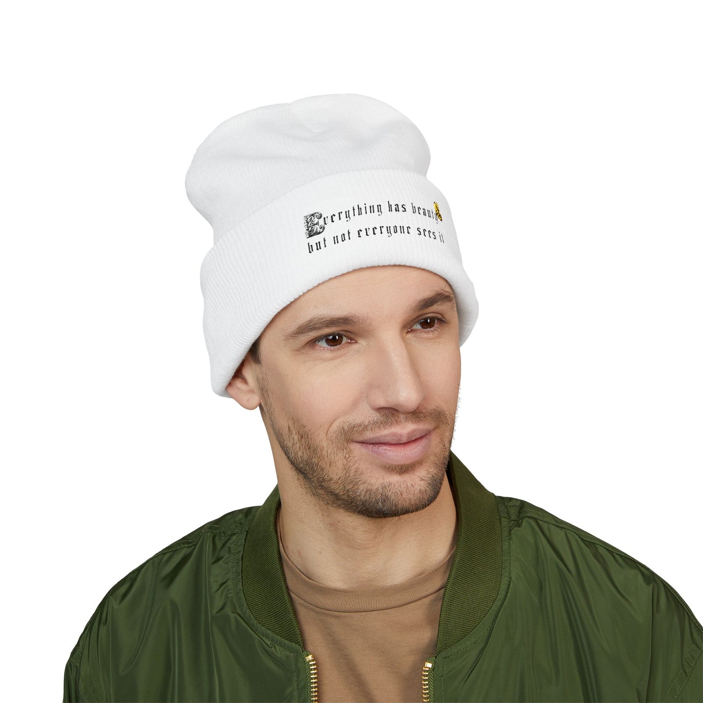 Embroidered 'Everything Has Beauty' Cuffed Beanie — Minimal Floral Quote Knit Hat